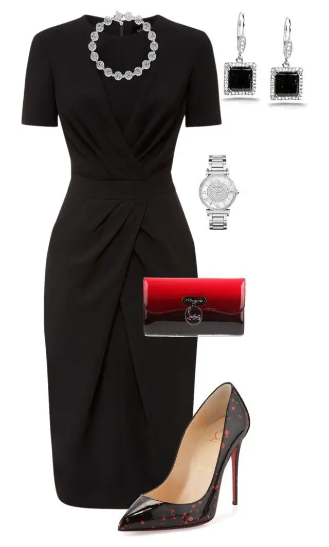 Combine o vestido lápis preto com saltos e o saco de embreagem vermelho.